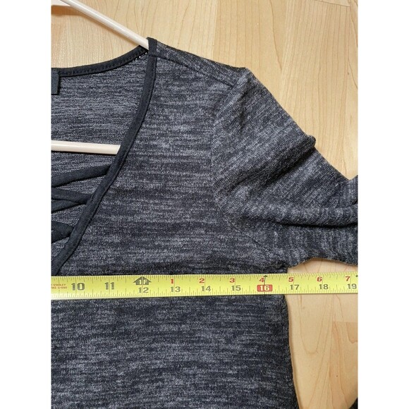 Iz Byer Knit Dress M Gray Crisscross V-Neck Trapeze Swing Y2K Soft Whimsigoth - Picture 7 of 13